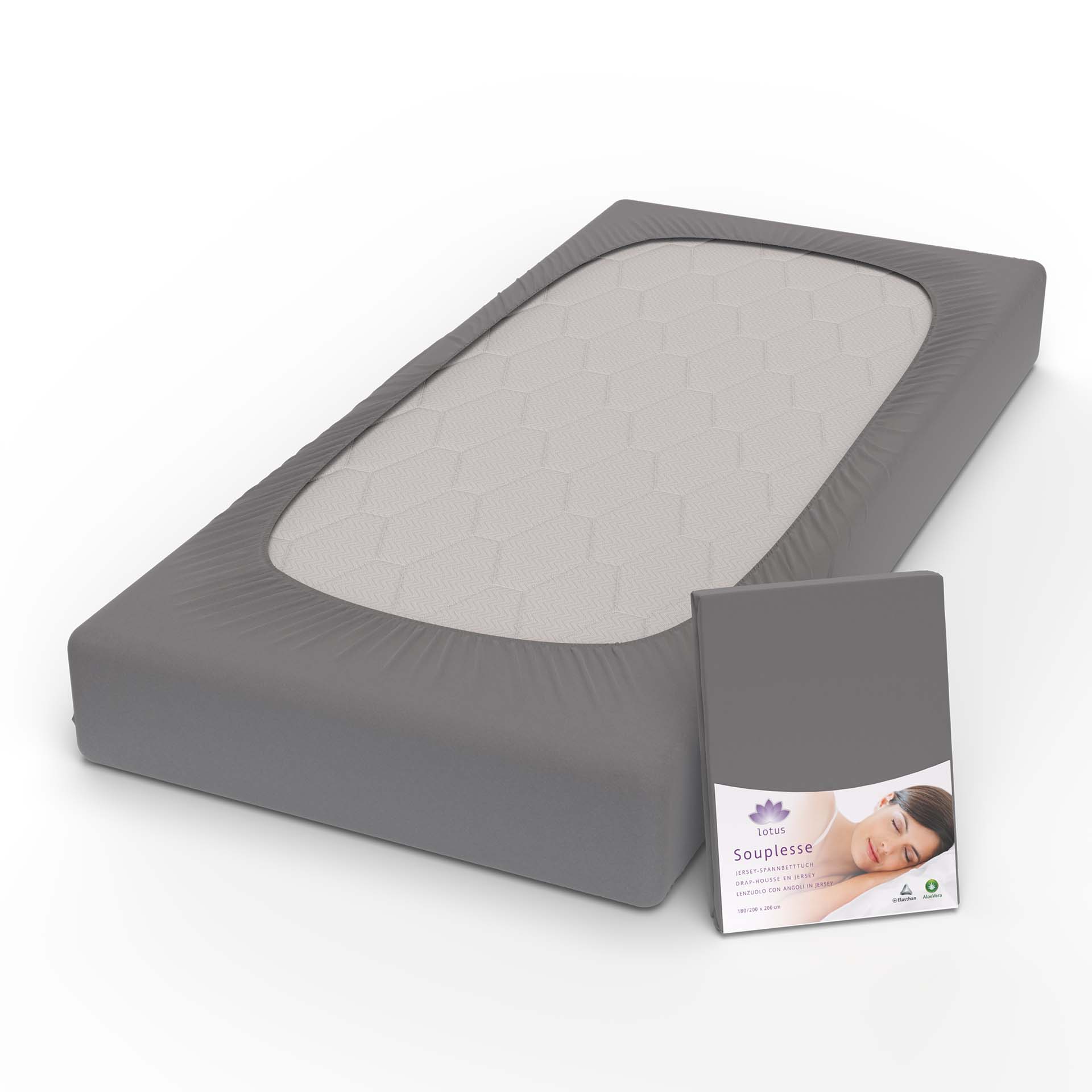 lotus fix souplesse jersey dunkelgrau fix auf kopf mit verpackung kamera - Lotus Jersey Fixleintuch Souplesse - A2Z Home