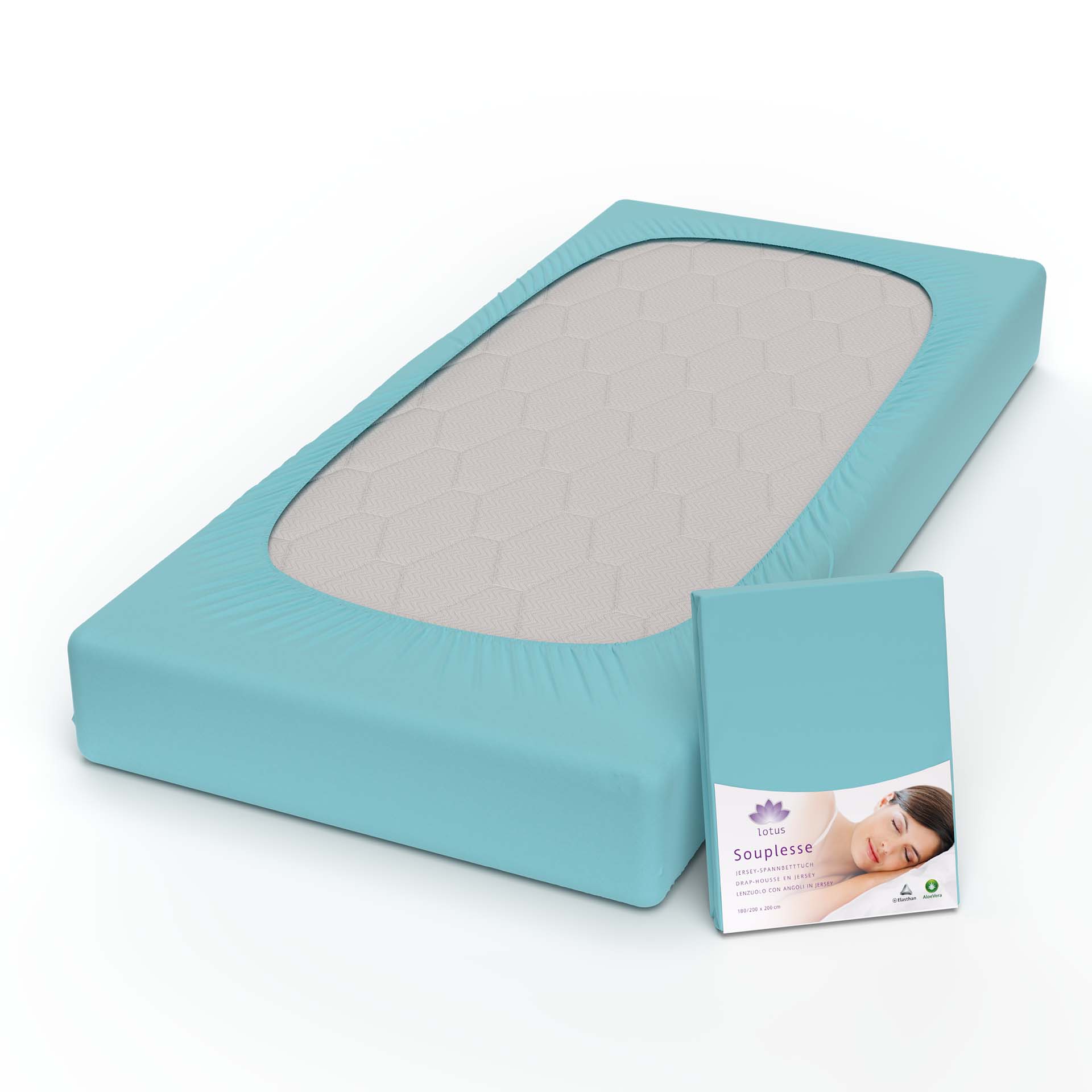 lotus fix souplesse jersey tuerkis auf kopf mit verpackung kamera - Lotus Jersey Fixleintuch Souplesse - A2Z Home