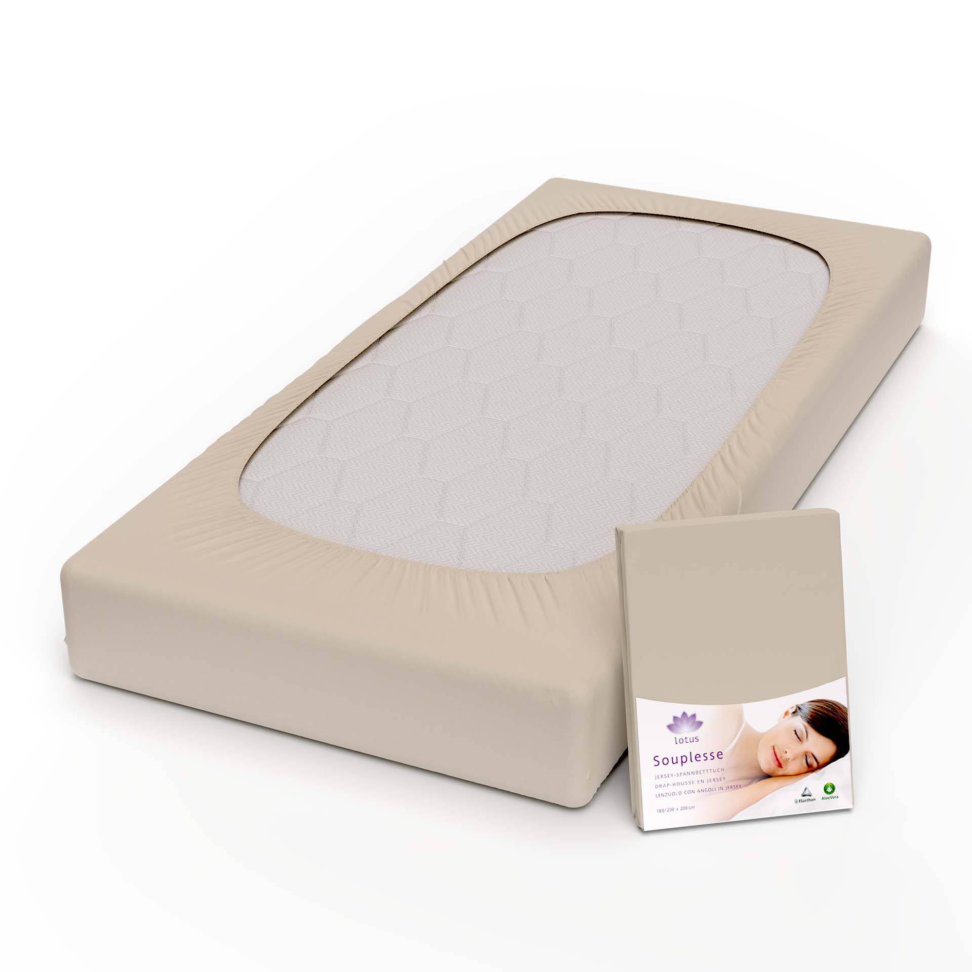 lotus fix souplesse jersey sand fix auf kopf mit verpackung kamera - Lotus Jersey Fixleintuch Souplesse - A2Z Home